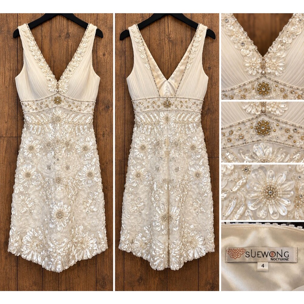 Sue Wong Nocturne Dress Sz 4 Ivory Beaded Sequin Floral Lace V Neck Cocktail